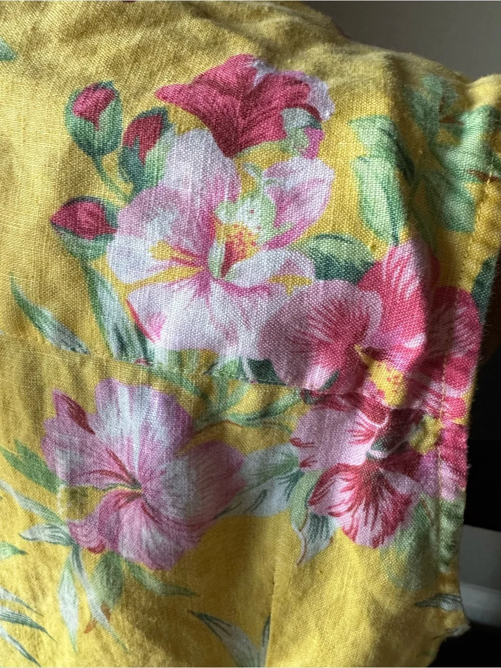 Lauren Ralph Lauren 100% Linen Yellow Hibiscus Floral Sleeveless Button Shirt M